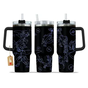 STORMMECH GarChomp 40oz Handle Metal Tumbler Mug - PKM Stainless Steel Insulation Beverage Bottle, Portable Anime-Inspired Leak-Proof Insulated Mugs, Black Cap & Handle Travel Flask, Otaku Gift