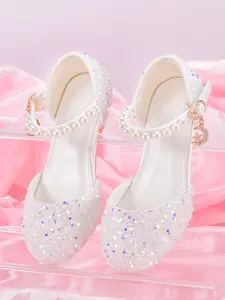 Girl princess shoes, white high heels, sparkling shoes, suitable for flower girl performances, wedding occasions, and matching dresses