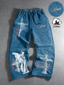 Men’s and women’s styles. Streetwear, Gothic-themed cross-stitch pattern print, spring and autumn washable cotton loose-fitting casual pants, trendy athletic pants, suitable for streetwear, Y2K fashion, Gothic fashion, hip-hop, back-to-school, casual chic