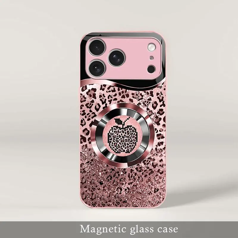Trending “Affordable Luxury” pink glitter MagSafe glass case for iPhone 17 Pro, featuring mermaid scales and leopard print — 9435