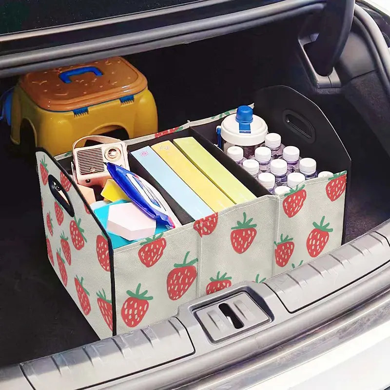 Strawberry Pattern Print Multi-Functional Car Storage Box, Foldable Trunk Organizer with Dividers, Vehicle Interior Organiser, Car Storage Bag, Car Organizers, Car Organization Supplies, Car Organization Accessories