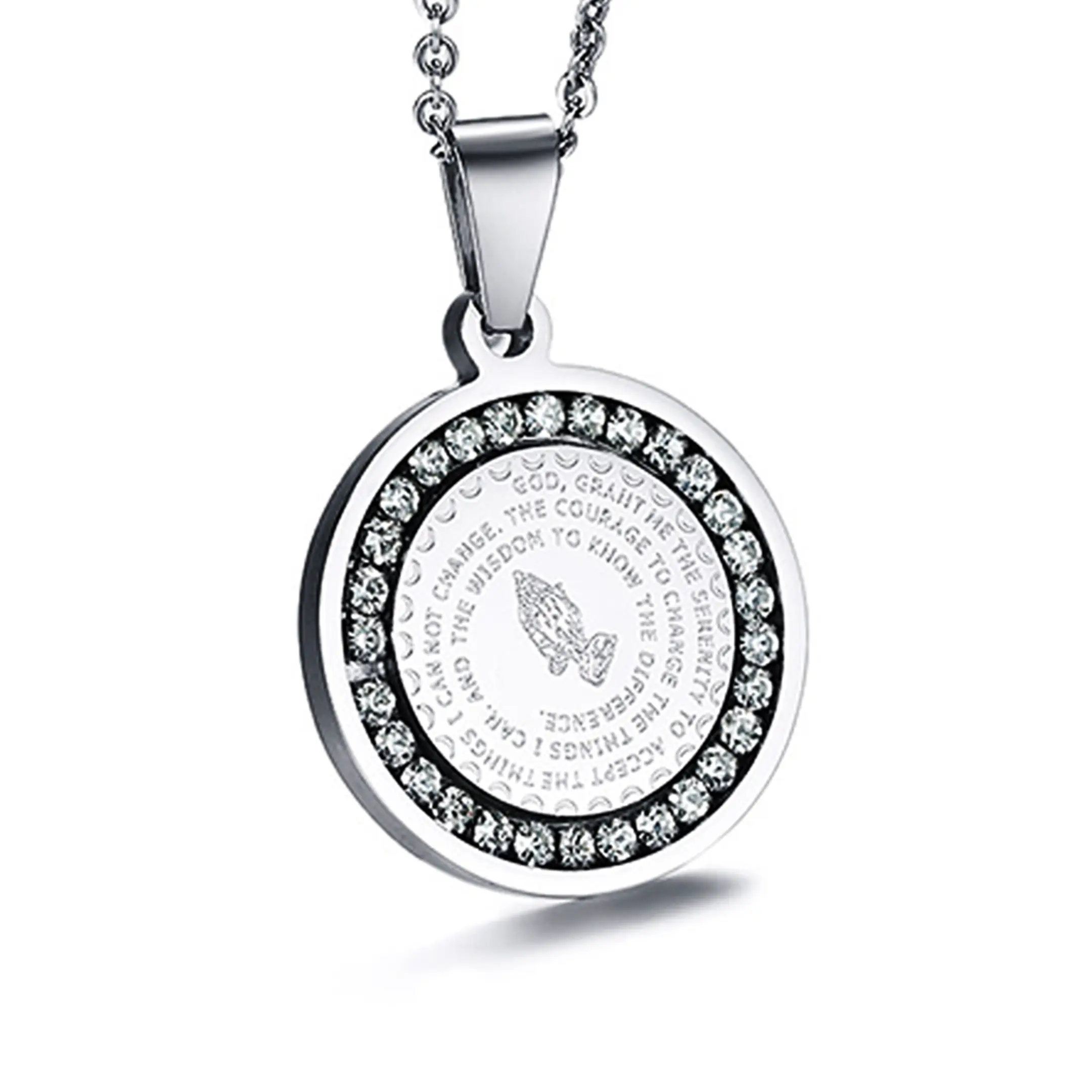 Meaningful Serenity Prayer Engraved Bling Sparkle Circle Key Pendant Necklace - Gold/Silver, Hypoallergenic Plating, Light Luxury, Daily Versatile Unisex Fashion Costume Jewelry, Minimalist Pendant Necklace