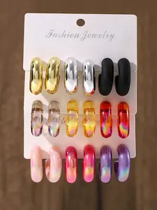 Colorful C-Shaped Resin Lightweight Earrings, 18pcs, Laser Ear Ring Set, Sexy Style, Plain Pattern, All Seasons, No Choking Hazard