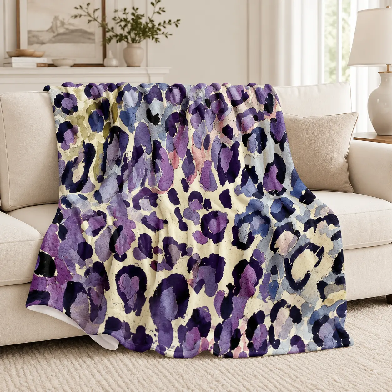 Purple Watercolor Leopard Flannel Throw Blanket, Super Soft Lightweight Animal Print Fleece Blanket for Adults & Kids, Cozy Single-Sided Print Blanket with White Reverse, Warm All Season Home Decor Gift