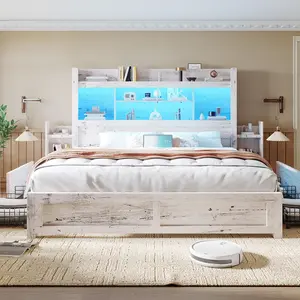 【Ships in 2 Boxes】AMERLIFE Bed Frame with 49.6" Bookcase Headboard & 2 Bedside Stoage Racks & 4 Drawers, Farmhouse Wood Bed Frame with RGB LED & Charging Station,Best Gift Ideas/Christmas Gifts