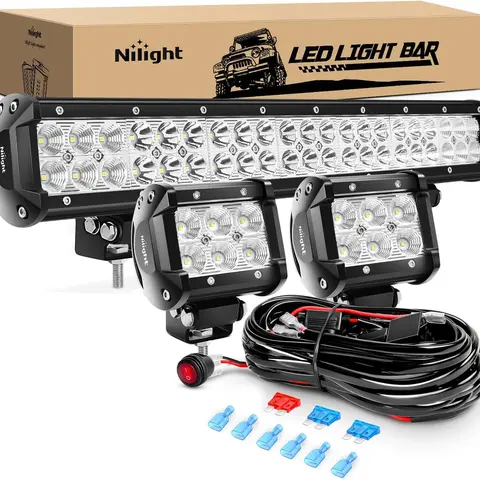 Nilight 20Inch 126W Spot Flood Combo Led Off Road Led Light Bar 2PCS 18w 4Inch Flood LED Pods With 16AWG Wiring Harness Kit-2 Lead Truck Lightbar, Led Work Light, Light Bar Car,car accessories