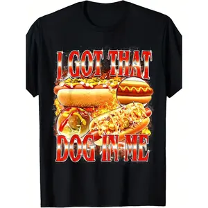 Humorous I Got That Dog in Me T-shirt Featuring Hot Dog Meme Y2K Bootleg Style with Chili Cheese Mustard and Relish Graphics Ideal for Casual Parties Barbecues and Events Black Crew Neck Tee
