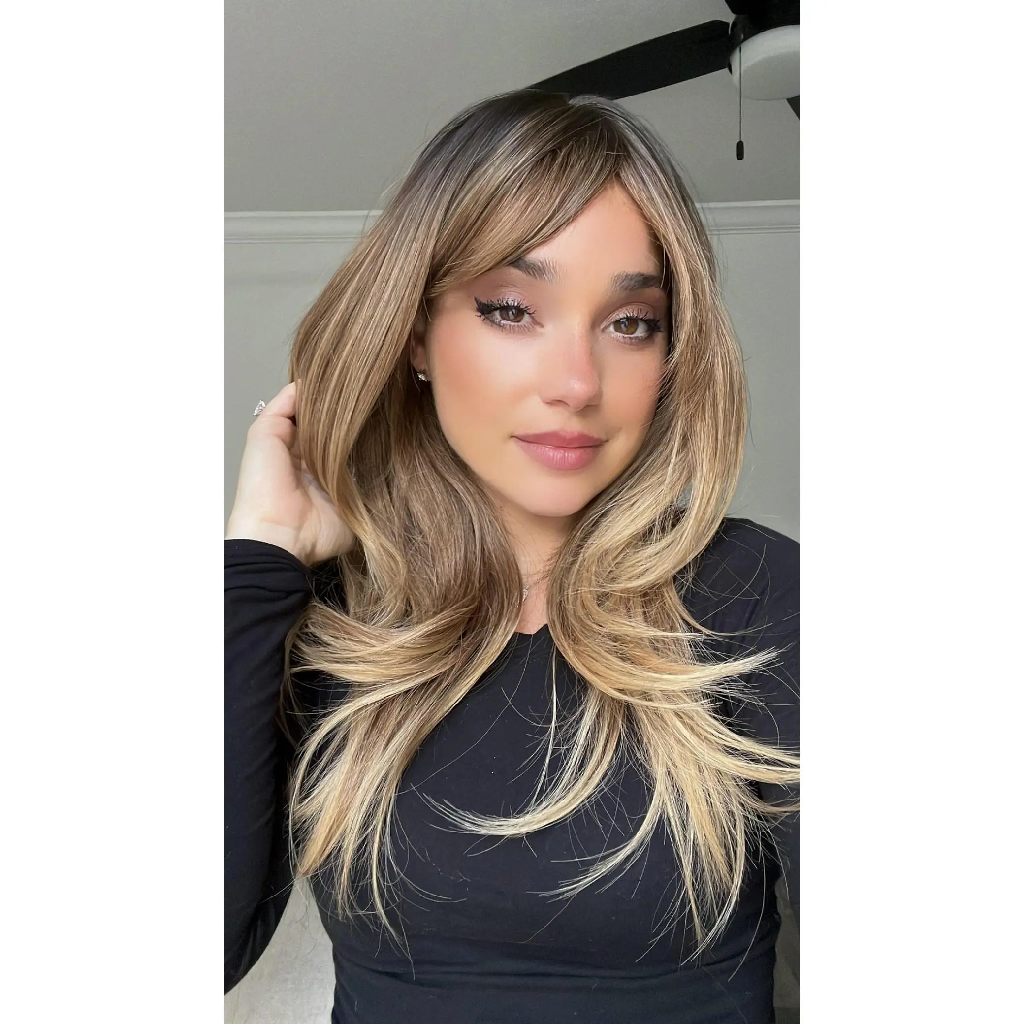 EllaRae | Willa Style Wig | Mid-Length Layered Straight Honey Brown with Highlights and Curtain Bangs