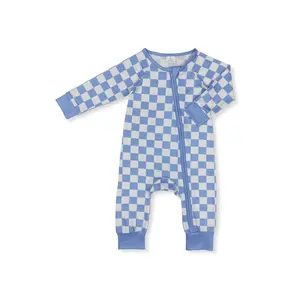 White blue plaid Print long sleeve OnePieces