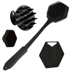 Silicone Body Brush Bath Set, Long Handle Back Scrubber, Shower Brush, Head Wash Brush, Face Cleansing Brush, Includes Hook
