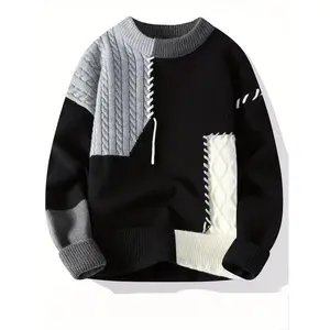 Men's Autumn-Winter Color Block Cable Knit Polyester Blend Sweater