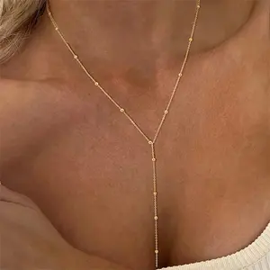 Vintage Gold Color Long Chain Drop Necklaces for Women Simple Metal Geometric Bead Tassel Choker Girls Party Aesthetics Jewelry