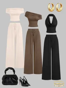 Women's Fall Winter Fashion Comfortable Asymmetrical One Shoulder Top and Long Wide Leg Pants Set, Outfit, Casual Fitted, Halter Neck