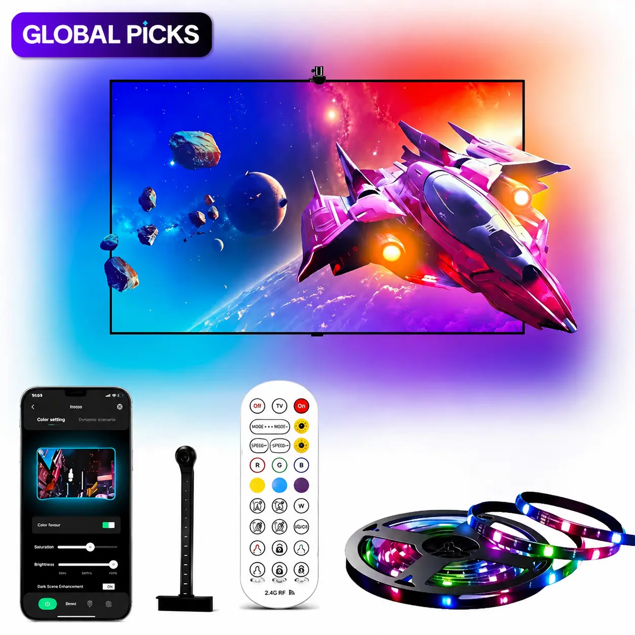 BonuoC TV Backlight with Fish-Eye Correction, 11.8ft RGB+IC LED Strip Lights with Camera for 55-65 Inch TVs, 3-in-1 Lamp Beads, Voice & APP Control, Power Adapter