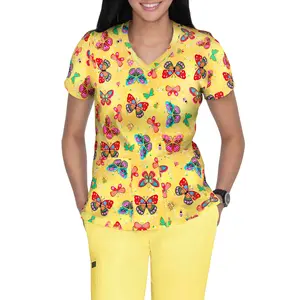 [Stretchy V-Neck Scrub Top for Women] Chic Butterfly Print V-Neck Scrub Top for Women - Stretchy Nylon & Elastane Blend, Short Sleeve with Pockets, Perfect for Nurses & Healthcare Professionals