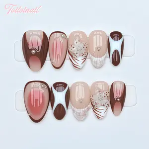 Choco Bloom Handmade Press-On Nails | Short Almond Shape, 10pcs Handmade | Spring Summer Trending Chocolate Brown & 3D Flower Nail Art | Cozy Aesthetic & Clean Girl Nails | High Gloss Mirror Finish | Reusable DIY Manicure Kit for Women Daily Wear