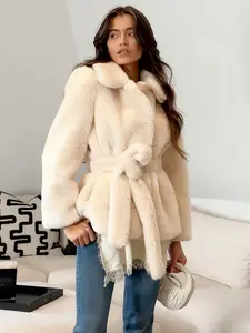 Women's Winter Coat Cream Color Faux Fur Fuzzy Jacket with Belt, Collared Crop Top, Comfortable Layered Outerwear for Cold Weather