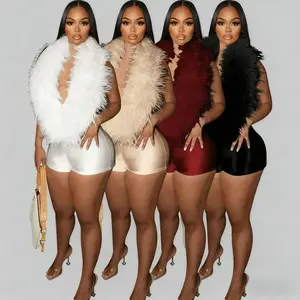 Elegant Deep V Neck Jumpsuit Shorts for Women - Fashion Casual, Sexy Feather Detail