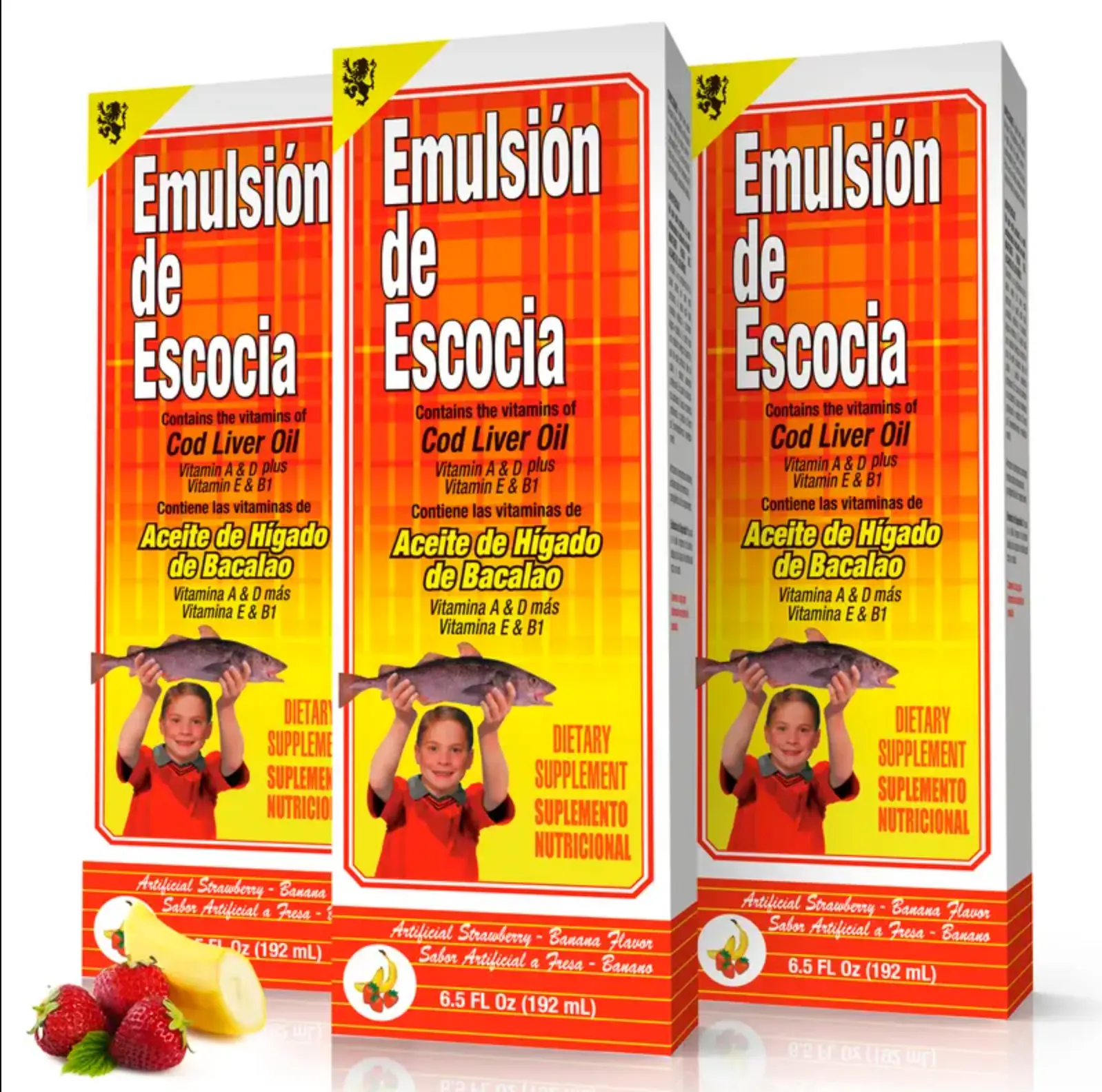 Emulsion de Escocia Natural Iron-Rich Cod Liver Fish Oil Liquid Emulsion Dietary Supplement, 6.5 Oz, Strawberry/Banana Flavor, Brain Health Support, Omegas Vitamins Supplements, US-Sold Nutrition Aid