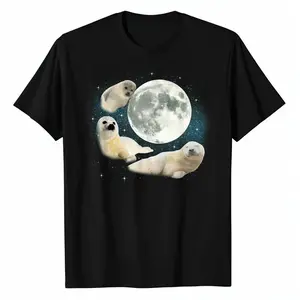 Three Cute Baby Seals Moon | 3 Seal Funny Weird Cursed Meme T-Shirt Women Unisex Men S Cotton Short Sleeve T-Shirt, Perfect For Summer Adventures, 100% Soft Fabric, Ideal For Sports, Work, And Relaxation