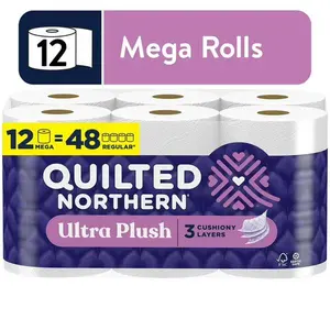 Quilted Northern Ultra Plush 3-Ply Toilet Paper, 12 Mega Rolls Wipes Pack Tissue