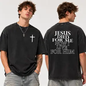 Summer Retro Faded Acid Wash "Surrender to Faith" Unisex Drop-Shoulder Short-Sleeve Cotton T-Shirt