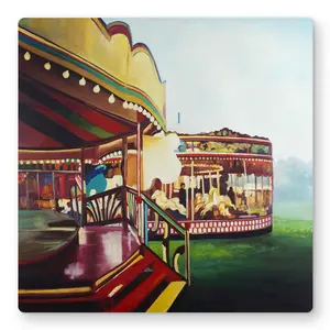 212 MAIN 16x16 in. Aluminium Metal Print Wall Art - Artistic Vibrant Carnaval Yellow Carousel Photo, Adventure-Themed Home Decor for Room Decoration