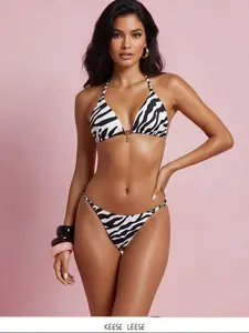 KEESE LEESE Newebra Print Triangle Bikini Set with Gold Charm, Halter Two-Piece Swimsuit for Women