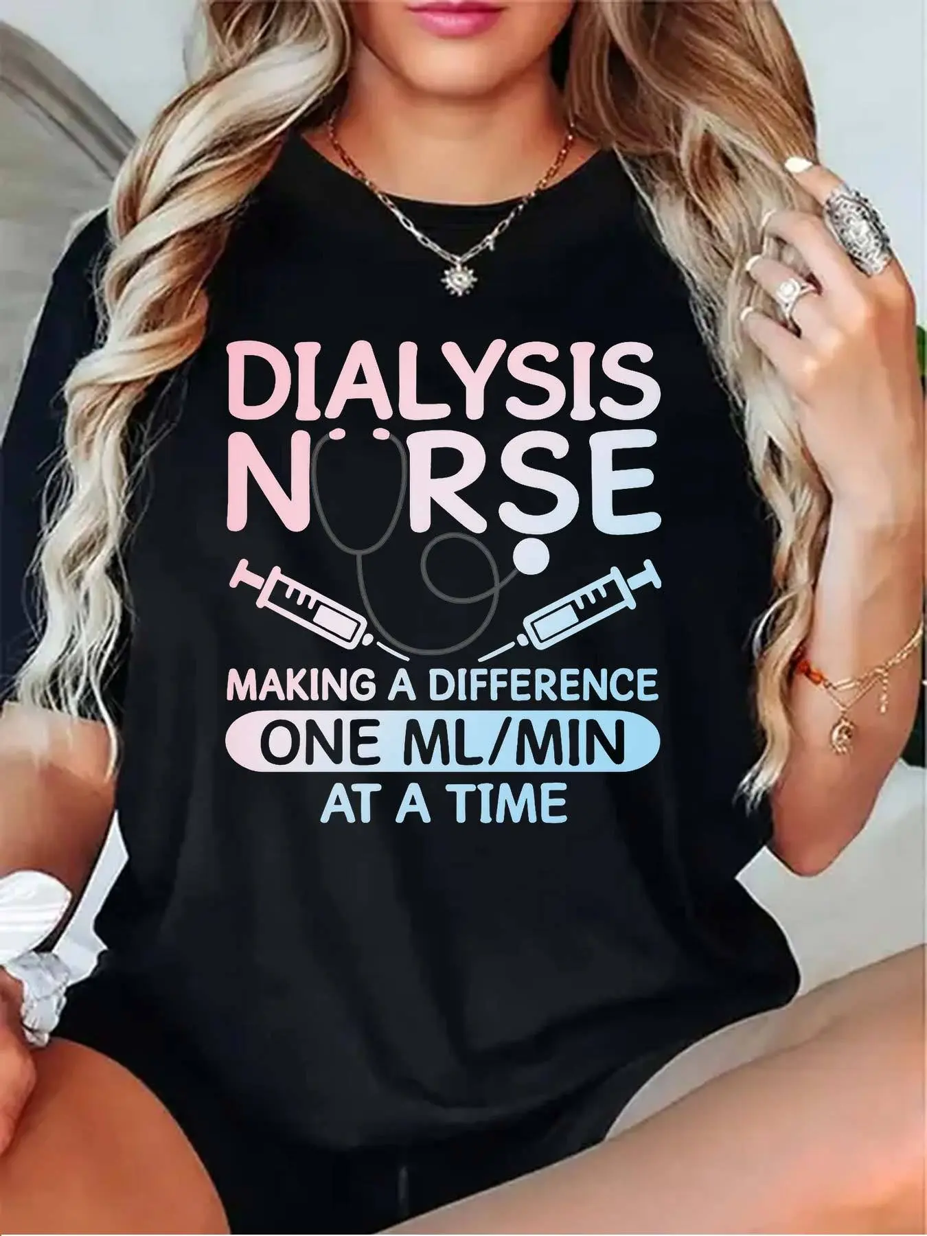 Women'S Dialysis Nurse Making a Difference T-Shirt - One mL/min at a Time Slogan, -Themed Design & Dialysis Machine Graphics, Comfortable Round Neck Short Sleeve Casual Workwear for Dialysis Nurses, All-Season Wear (Black/Grey/White/Red