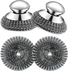 2Pack Stainless Steel Scrubber with Stainless Steel Handle，Steel Wool Scrubber Set, for Cleaning Dishes, Cast Iron, Stock Pots, Pans, Griddles, Grills