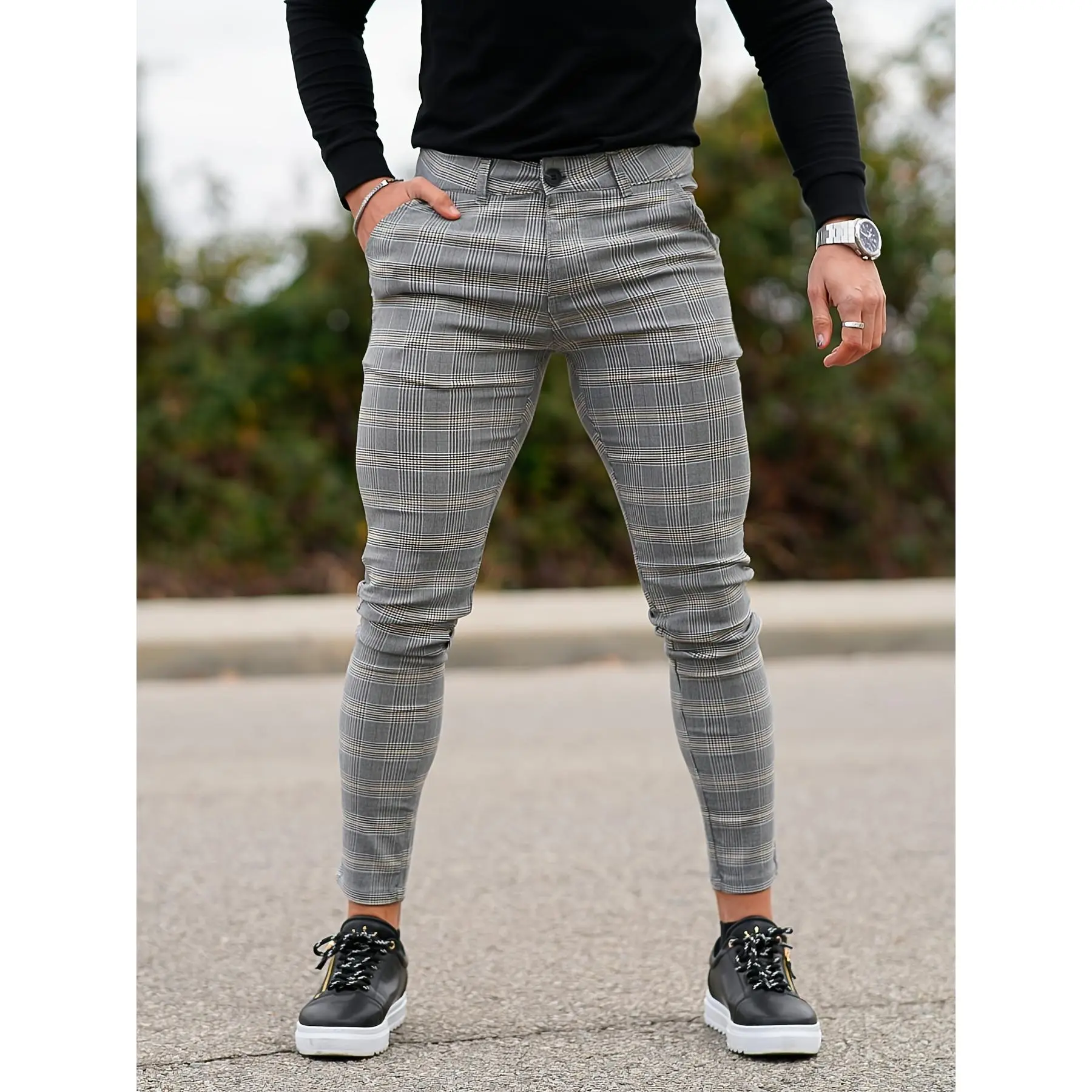 Men's Checked Viscose Plaid Pants - Stretch, Elegant, Slim Fit, Casual Breathable Trousers with Pockets for Outdoor Activities, Daily Wear (Menswear)