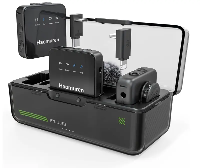 Haomuren V3 Plus Plug-and-Play Wireless Lavalier Microphone - Clip-On Lapel Mic with Noise Cancellation, Echo Control, 3.5mm Jack, Rechargeable for Smartphone, Camera, PC, Wedding, Mobile Video Recording