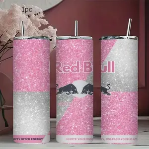 1pc 20oz Stainless Steel Insulated Mug, Red Bull Themed Glitter Water Bottle | 4 Girly Colors, with Clear Sliding Lid and Straw, Suitable for Outdoor and Indoor Gym Use, Personalized Birthday/Holiday Gift, Insulated Travel Drinkware