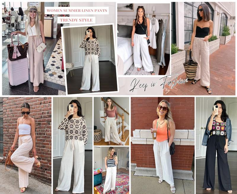 Mundoven Women's Cotton Linen Summer Palazzo Pants Flowy Wide Leg Beach Trousers with Pockets