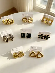 Vintage Gold Flower Pearl Earrings, Retro Black Enamel Studs, Hypoallergenic Stainless Steel Jewelry for Daily Outfit