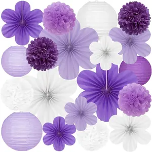 19 count  Lilac-Lavender White Party Decorations,  Paper Lanterns, Paper  Fans, Tissue Pom Poms, Floral Backdrop Wall Decor for Birthday Graduation Bridal Shower Wedding