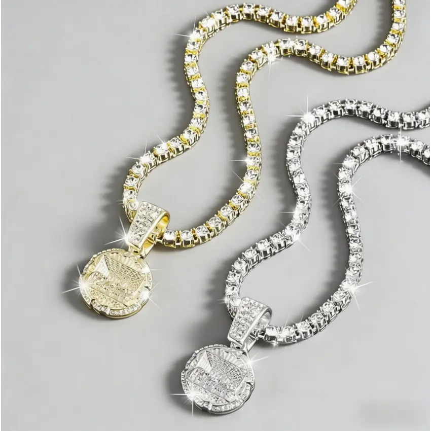 Unisex Iced-Out Last Supper Pendant Chain Necklace - 4mm Tennis Style, Gold-Silver-Rose Gold Rope Options, Casual Fashion Chain Necklaces for Daily Streetwear & Gifting, Customizable Size, Fashion Jewelry, Customizable Any Size, Gold Rope Chain