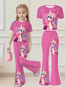 Girls' Unicorn Rainbow Bell Bottoms Set, Soft Adorable Girls', Cute Heartbeat Design, Casual Fitted Crop Top & Long Pants, Outfit, Clothing Sets