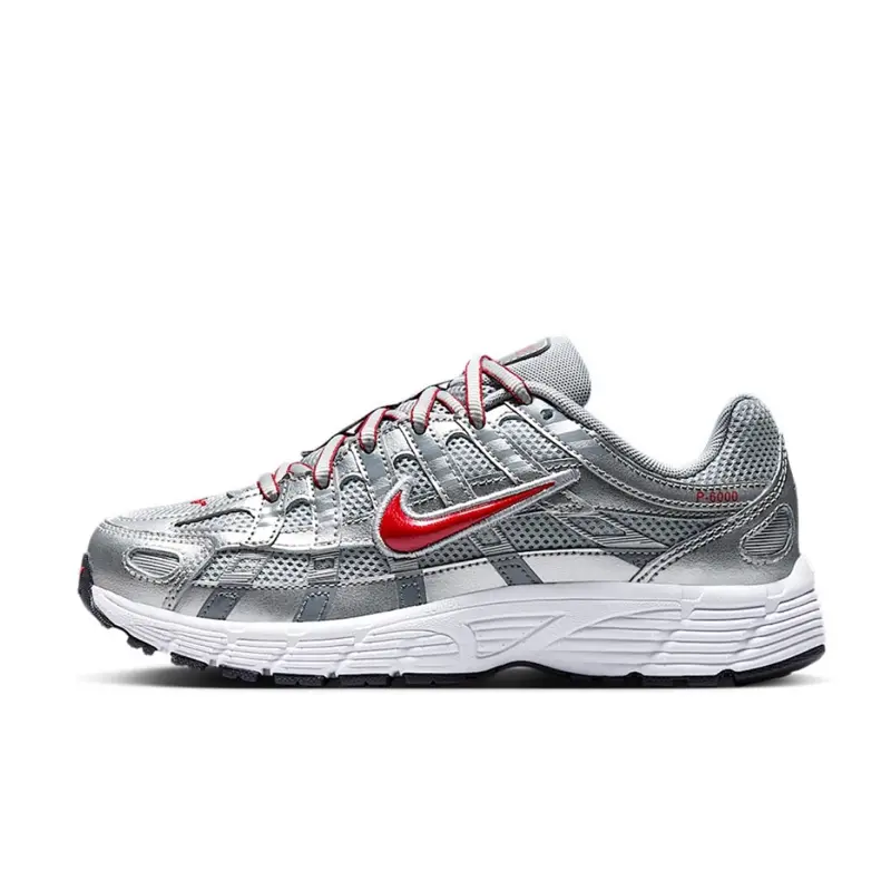 Nike P-6000 Metallic Silver Cool Red Female & Youth Neutral Breathable Rubber Running Shoes, Trendy Sporty Chic Athletic Footwear for Daily Wear