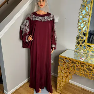 Luxury Kaftan Abaya in Rich Maroon with Intricate Embroidery on Sleeves and Neckline for Elegant Wear