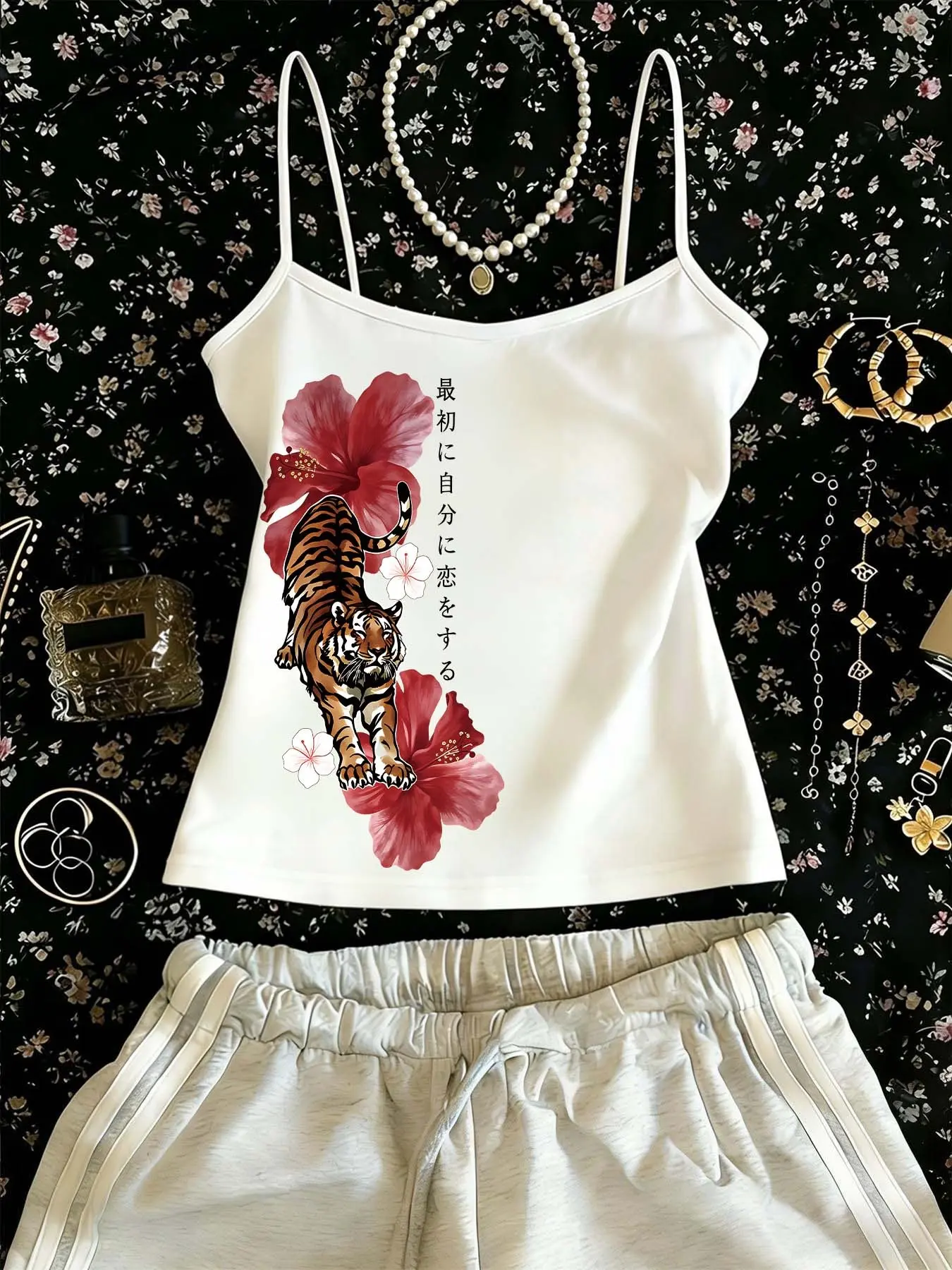 Y2K Retro Japanese Floral Tiger Print Halter Top, Floral Tank Tops, Casual Beach Tank, Comfortable Casual Wear, Slim-Fitting Short Sleeve, Casual Sleeveless, Stylish Summer