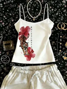 Y2K Retro Japanese Floral Tiger Print Halter Neck Top, Comfortable Casual Wear, Slim-Fitting Short Sleeve, Stylish Summer, Fitted