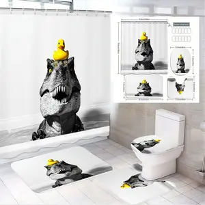 1/4pcs Black White T-Rex Dinosaur Shower Curtain Set with Yellow Duck, T-Rex & Duck Printed Toilet Lid Cover + Rugs, Cozy Playful Bathroom Decor, Perfect for Easter, St Patrick's Day, Valentine's Day & Family Fun