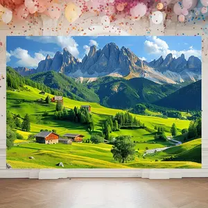 1pc Swiss Alps Mountain Tapestry Backdrop - Alpine Landscape with Snow-Capped Peaks, Lush Green Pastures & Farmhouses - Realistic Mountain Scenery Wallpaper for Wedding, Birthday, Photo Shoot Decor - No Electricity Needed - Durable Polyester Hanging Deco