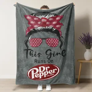 Dr Pepper Messy Bun Mom Life Sunglasses Graphic Blanket - "This Girl Runs On Dr Pepper" Funny Soda Lover Gift All Seasons Fleece Throw for Home Deocr