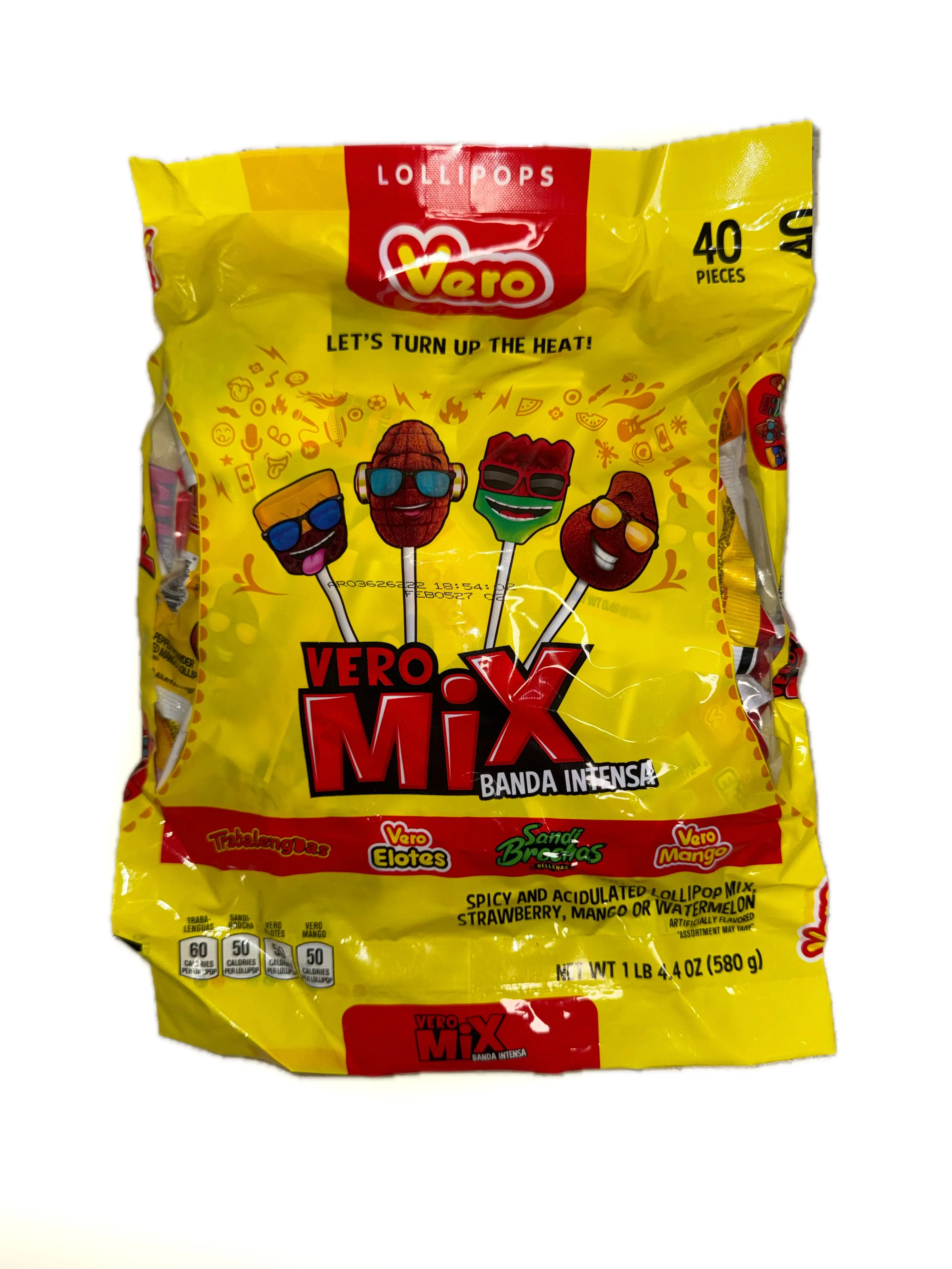 Paletas Vero Mix Banda Intensa 40 piezas, 580 g | Vero Mix Banda Intensa Spicy Lollipop Assortment – Strawberry, Mango & Watermelon Flavors – 40 Pieces – 20.4 oz (580 g)