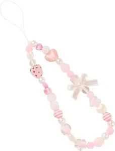 Phone Charms Strap,Pink Cute, Aesthetic Love Phone Chain Girl, Pearl Beaded Phone Lanyard Jewelry(strawberry)