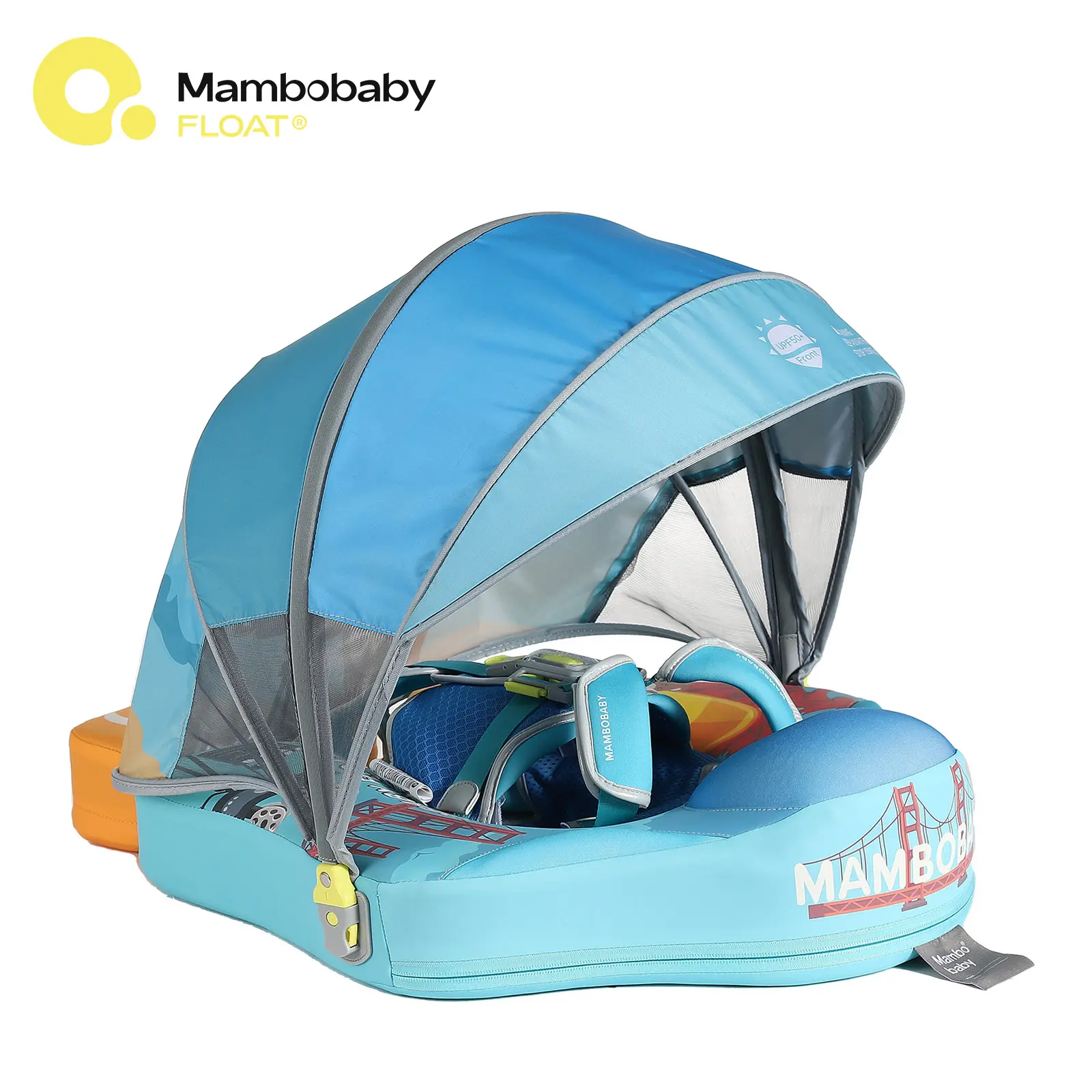 Mambobaby  Non-Inflatable California-Themed Baby Swim Float with Detachable Canopy, UPF 50+ Sun Protection, 5-Point Safety System, for Babies 3-24 Months