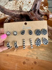 6 Pair Western Stud Earrings Set – Silver & Black Concho Style Studs & Hoops
