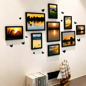 9 PC Magnetic Photo Frames Wall art, 3pc A5, 6pc A6, Wall Decor with Heart & Butterfly Ornaments, Self-adhesive backing，Photo Display for Living Room Bedroom Home